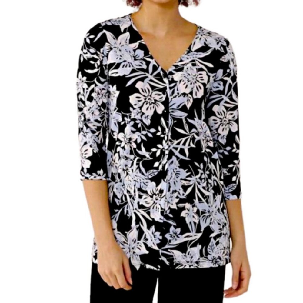 New Kim & Co Black Blue White Floral  Brazil Knit Top Size XXL bin 4A